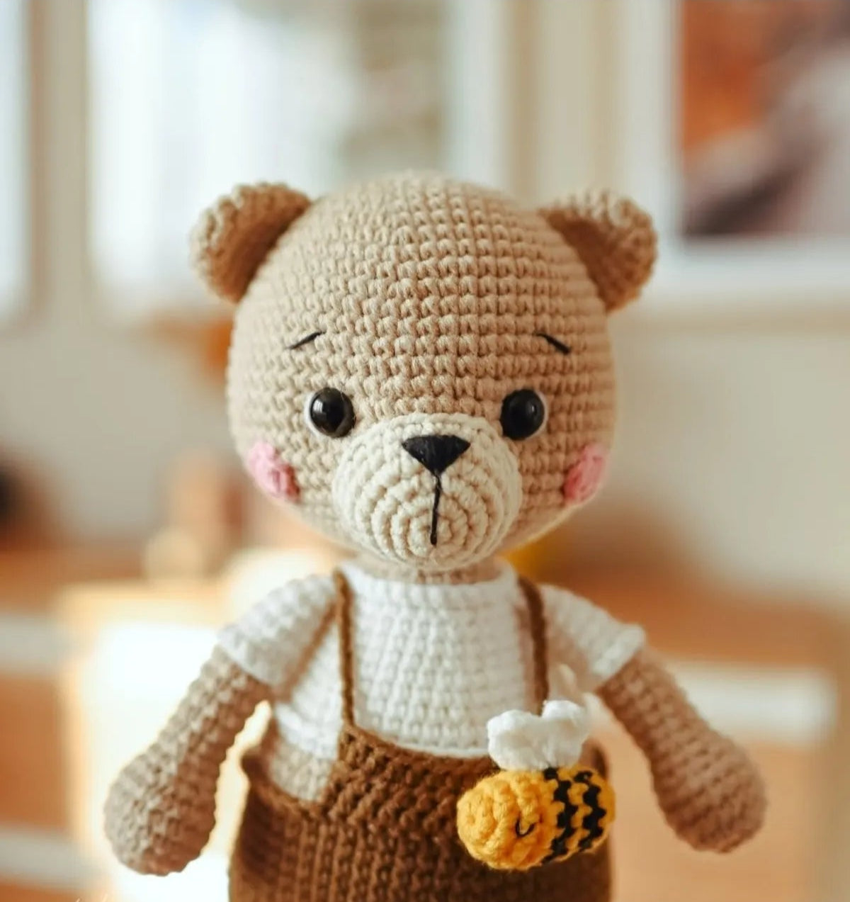 Handcrafted Crochet Teddy Bear with a Brown Jumpsuit and Bee Joy Gift London