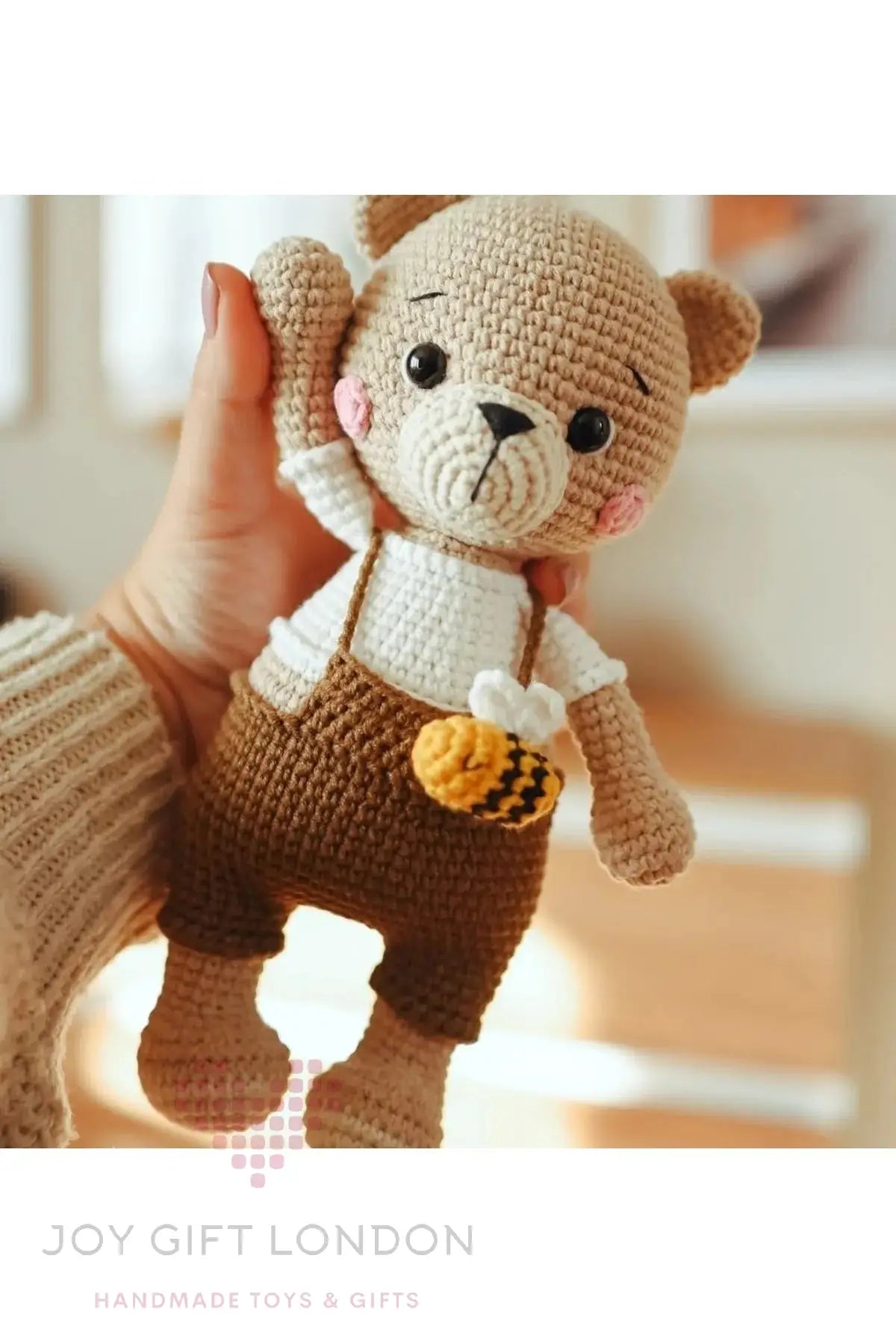 Handcrafted Crochet Teddy Bear with a Brown Jumpsuit and Bee Joy Gift London