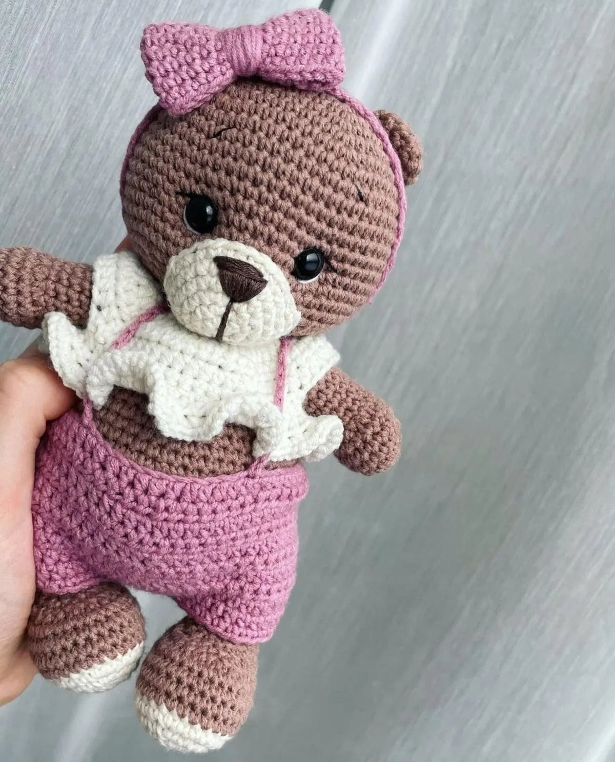 Handcrafted Crochet Teddy Bear with a Pink Dress and Hairband Joy Gift London