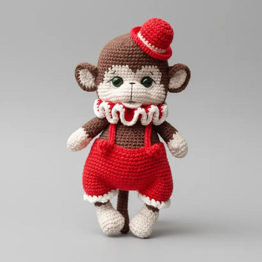 Crocheted monkey doll in red overalls and hat, with white trim and green eyes