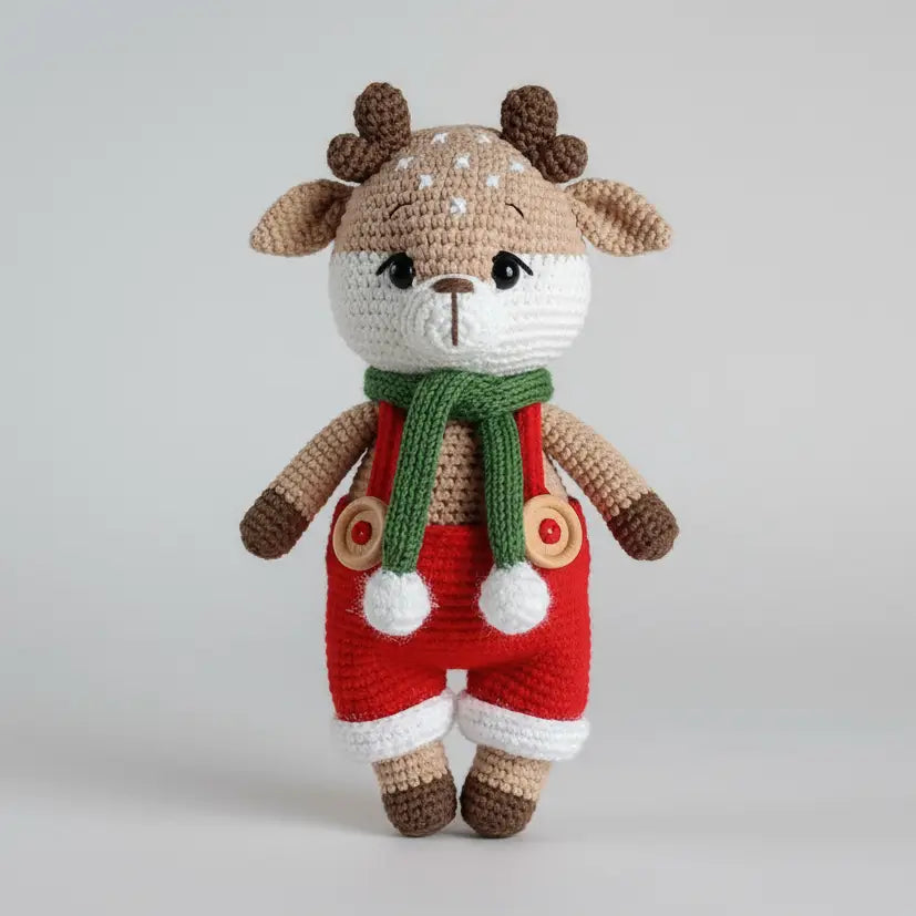 Crocheted deer doll wearing red overalls and green scarf on light background