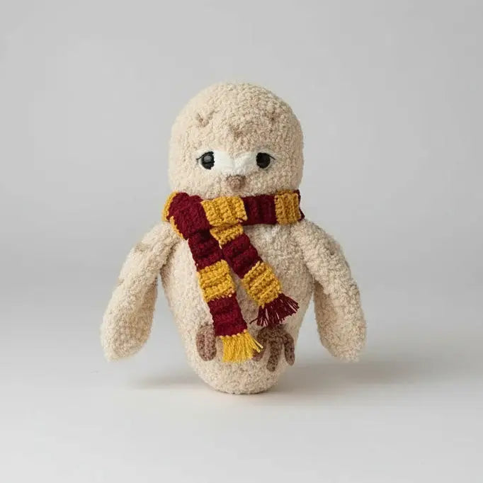 Plush stuffed penguin wearing a red and yellow striped knitted scarf