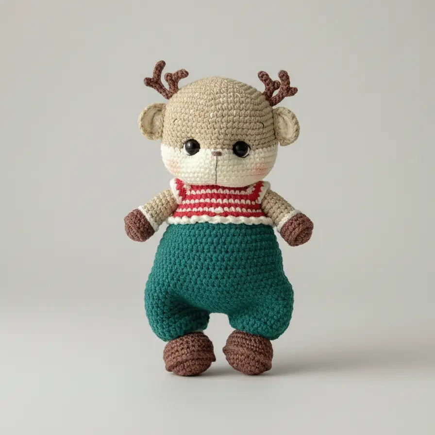 Crocheted teddy bear with antlers, red-white striped top, and teal overalls