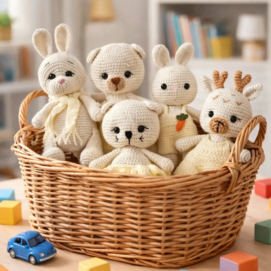 Basket with crocheted toys including a bunny, bear, and deer on a table with colorful blocks.