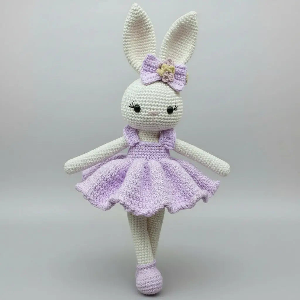 Crocheted bunny toy with a purple dress and bow on a gray background