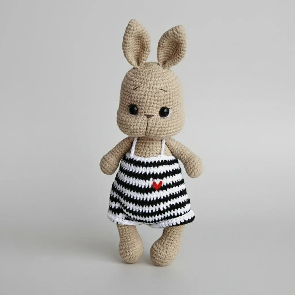 Crocheted bunny in striped dress with tiny red heart, standing against neutral background