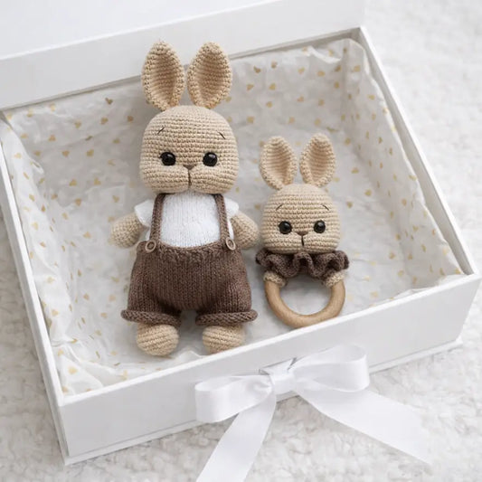 Handmade Crochet Bunny Toy in Brown Jumpsuit and White Jumper  Joy Gift London