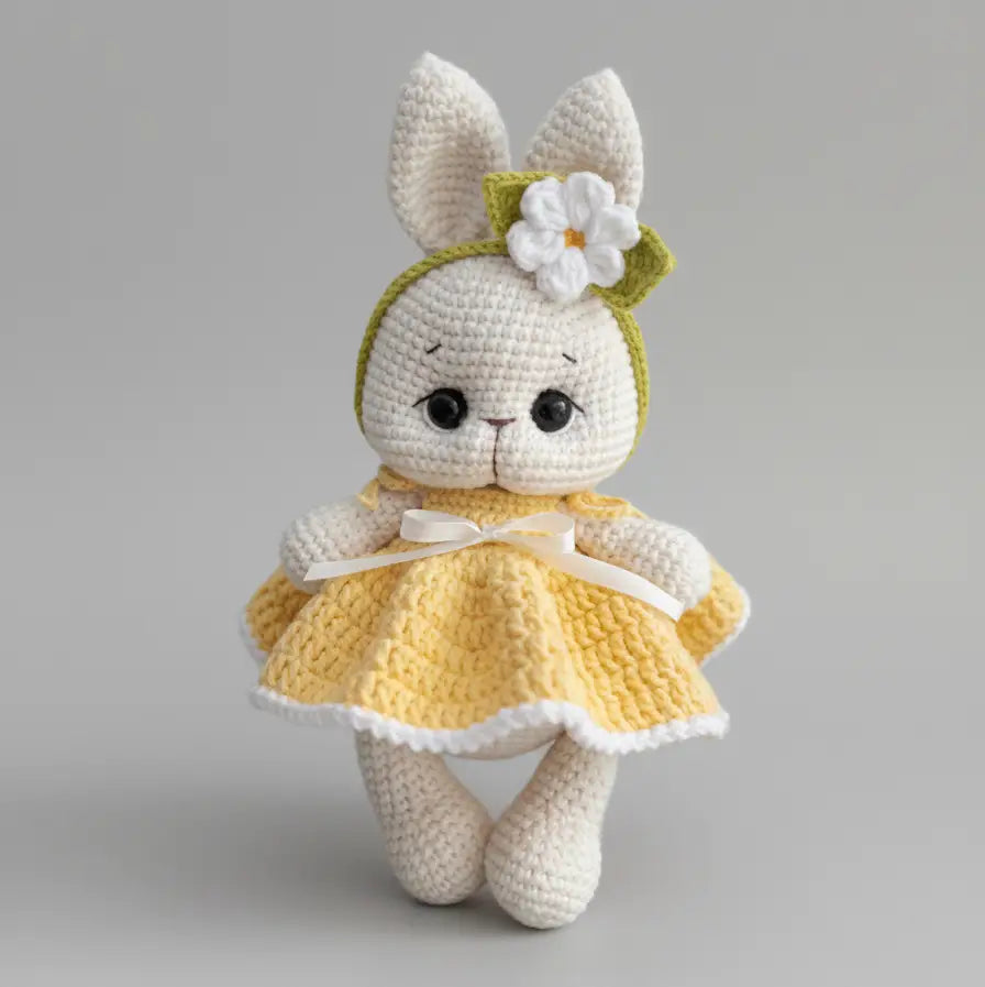 Crocheted white bunny in yellow dress with flower headband, standing cute and soft