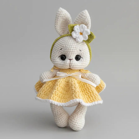 Crocheted white bunny in yellow dress with flower headband, standing cute and soft