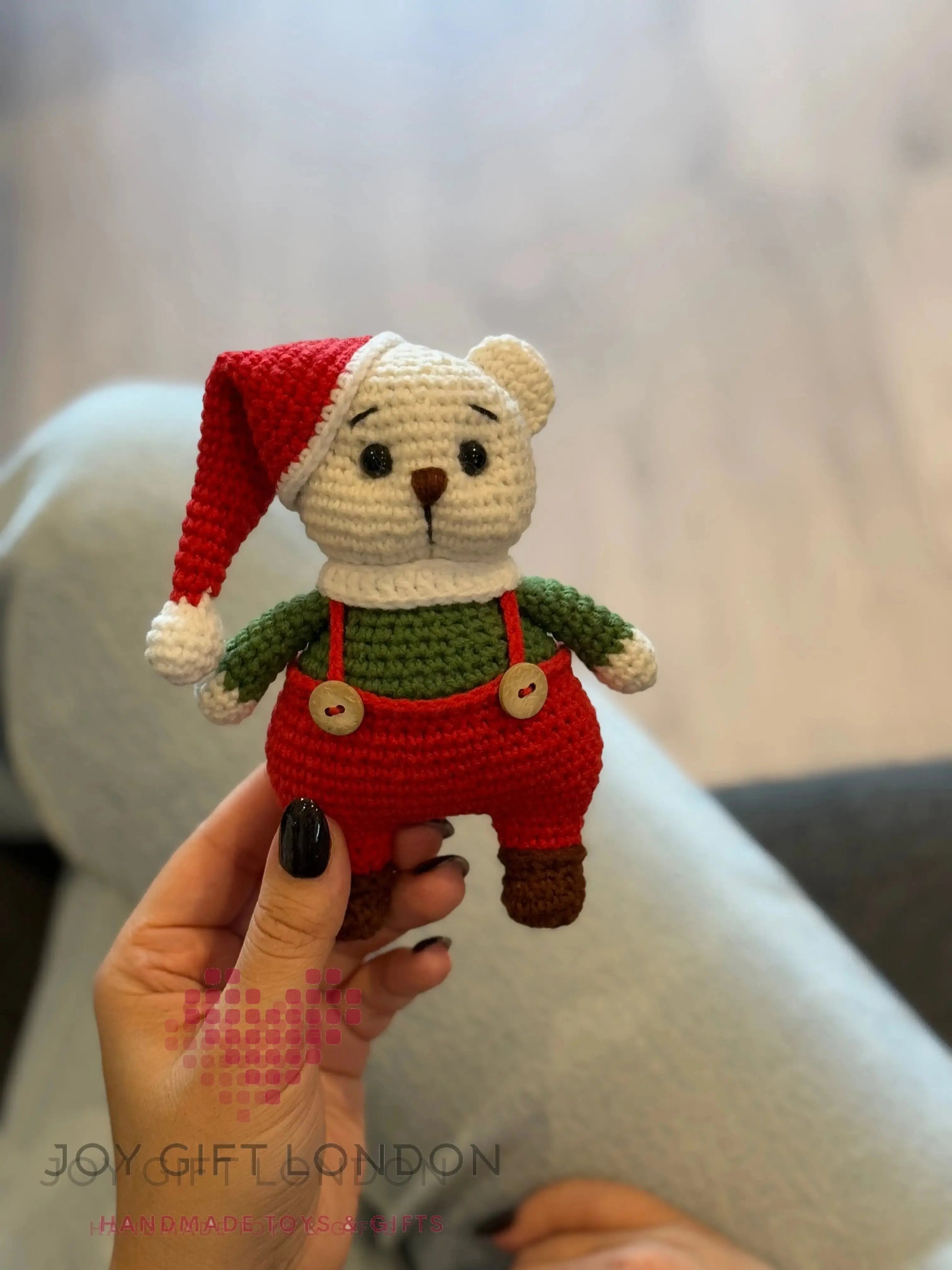 Crochet Cute White Teddy Bear Toy in Red Santa Costume Shesu Toy