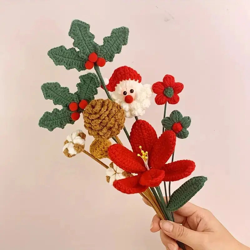 Crocheted Christmas bouquet with holly, Santa, pinecone, and poinsettia flowers