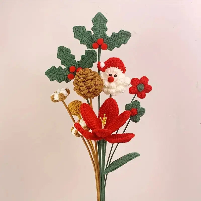Handmade Crochet Christmas Bouquet with Santa Hat, Holly Leaves, and Poinsettia Flowers – Festive Home Decoration and Unique Holiday Gif - Joy Gift London