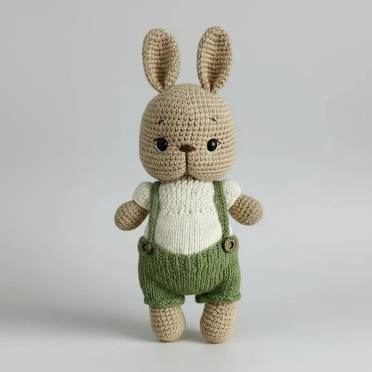 Crocheted bunny wearing green overalls, standing against a neutral background