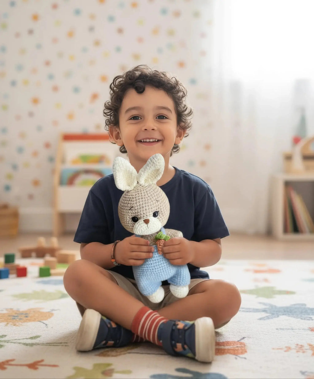 Smiling child sitting cross-legged, holding a crocheted bunny toy in a playroom
