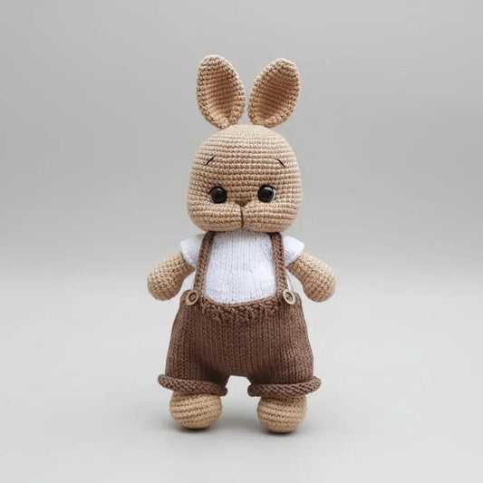 Handmade Crochet Cute Bunny in Brown Jumpsuit and White Jumper Toy  Joy Gift London