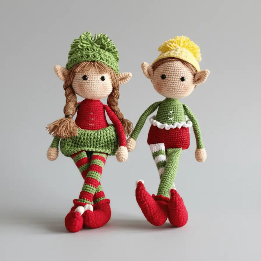 Two crocheted elf dolls in Christmas colors, with pom-pom hats and striped stockings, holding hands.