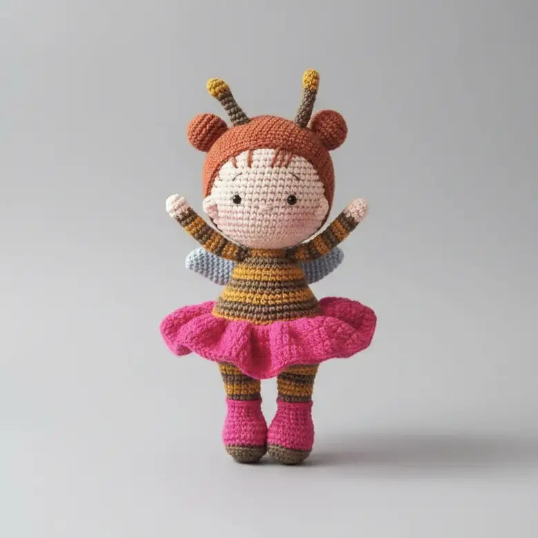 Handmade Crochet Cute Girl in Bee Outfit with Pink Skirt  Joy Gift London