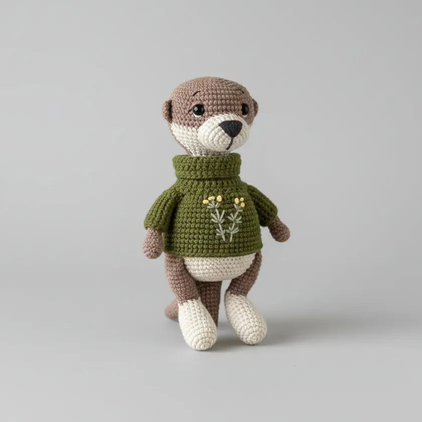 Crocheted otter stuffed animal wearing green sweater with floral embroidery