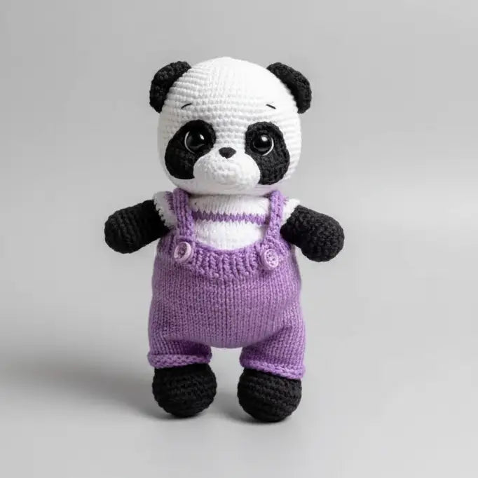 Handmade Crochet Cute Panda in Fany Purple Jumpsuit Toy  Joy Gift London