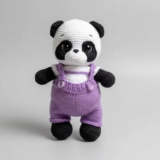 Handmade Crochet Cute Panda in Fany Purple Jumpsuit Toy  Joy Gift London