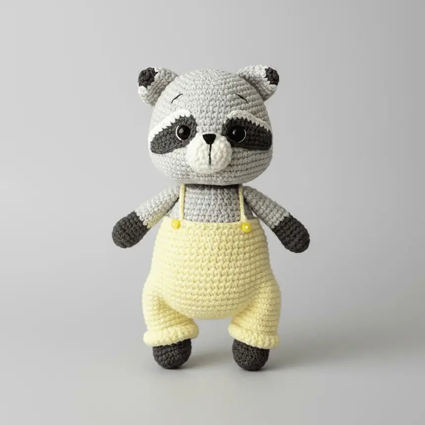 Crocheted raccoon stuffed animal wearing yellow overalls on gray background
