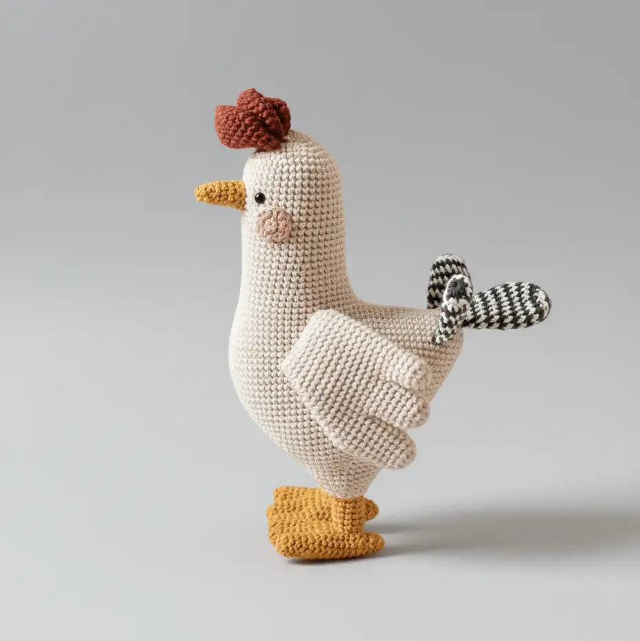 Crocheted chicken with red crest, white body, striped wing, and yellow feet on gray background