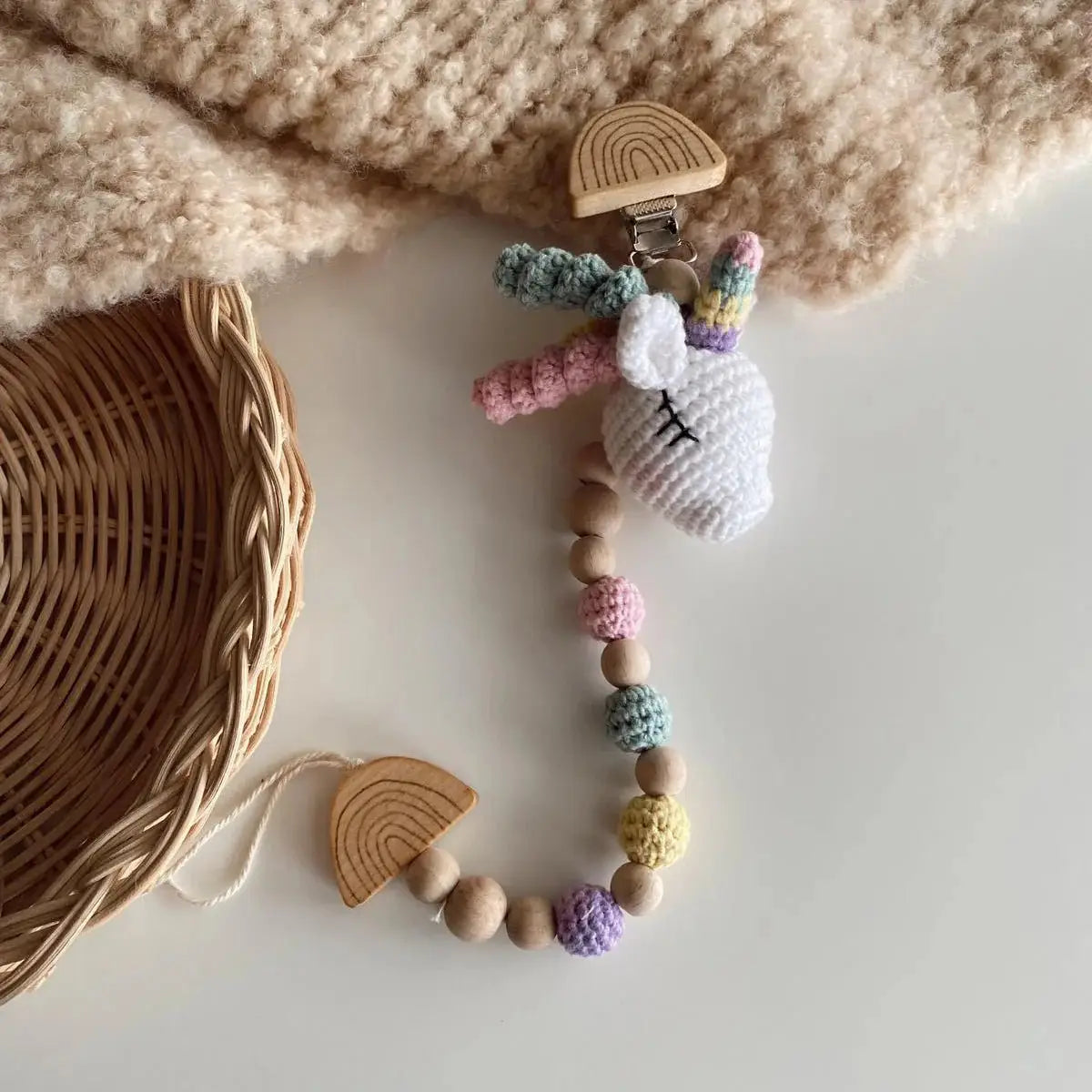 Handmade Crochet Cute Unicorn Toy Gift Set (4pc) - Personalised Dummy Clip, Pram Toy Clip - Joy Gift London