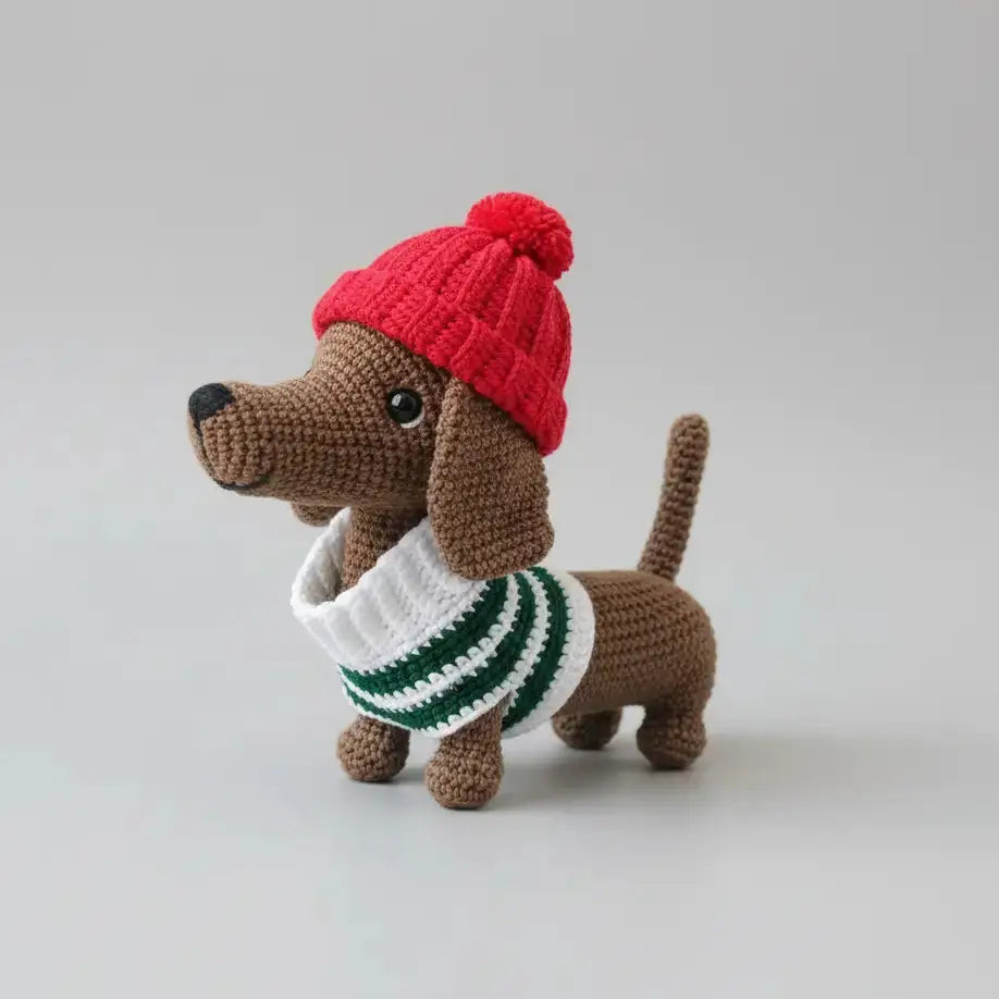 Handmade Crochet Dachshund Toy – Cute Sausage Dog Toy with Red Hat  Joy Gift London