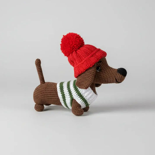 Handmade Crochet Dachshund Toy – Cute Sausage Dog Toy with Red Hat  Joy Gift London