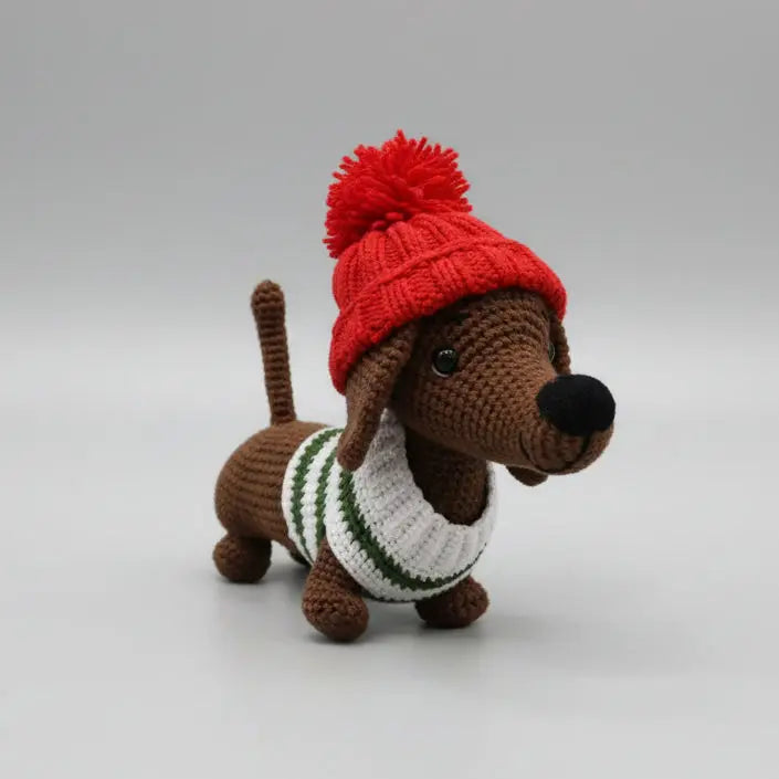 Handmade Crochet Dachshund Toy – Cute Sausage Dog Toy with Red Hat  Joy Gift London