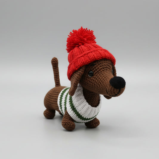Handmade Crochet Dachshund Toy – Cute Sausage Dog Toy with Red Hat  Joy Gift London