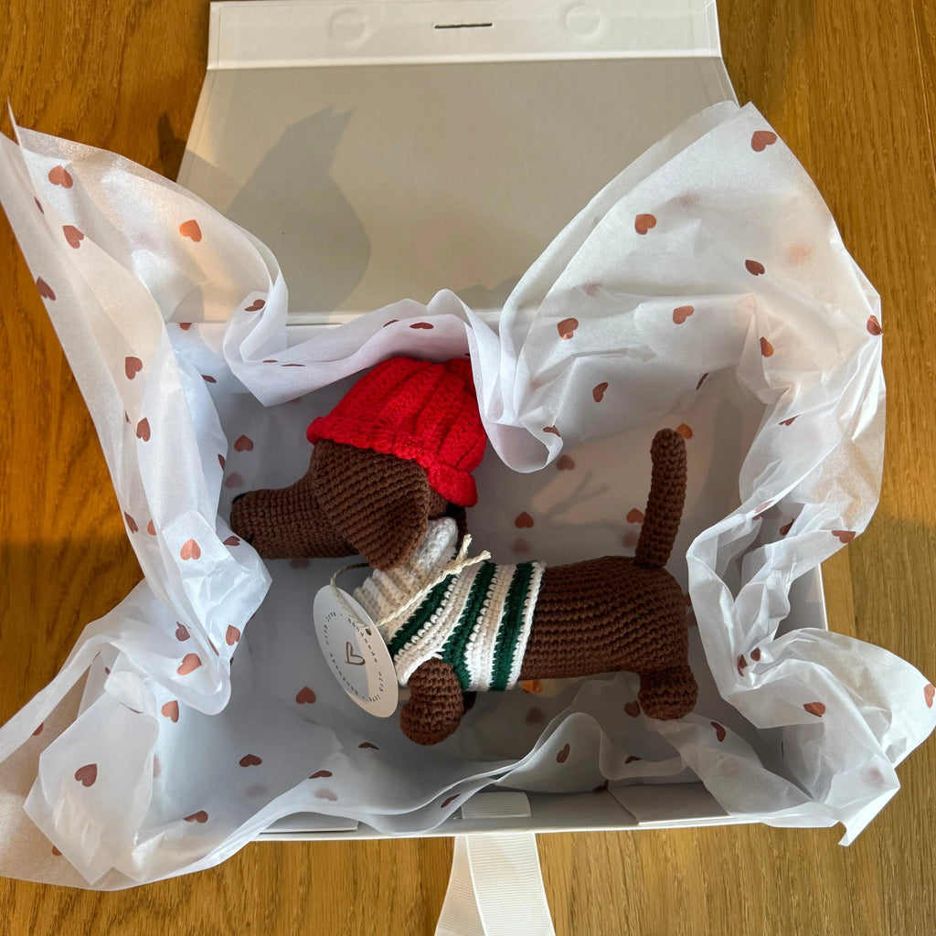 Handmade Crochet Dachshund Toy – Cute Sausage Dog Toy with Red Hat  Joy Gift London