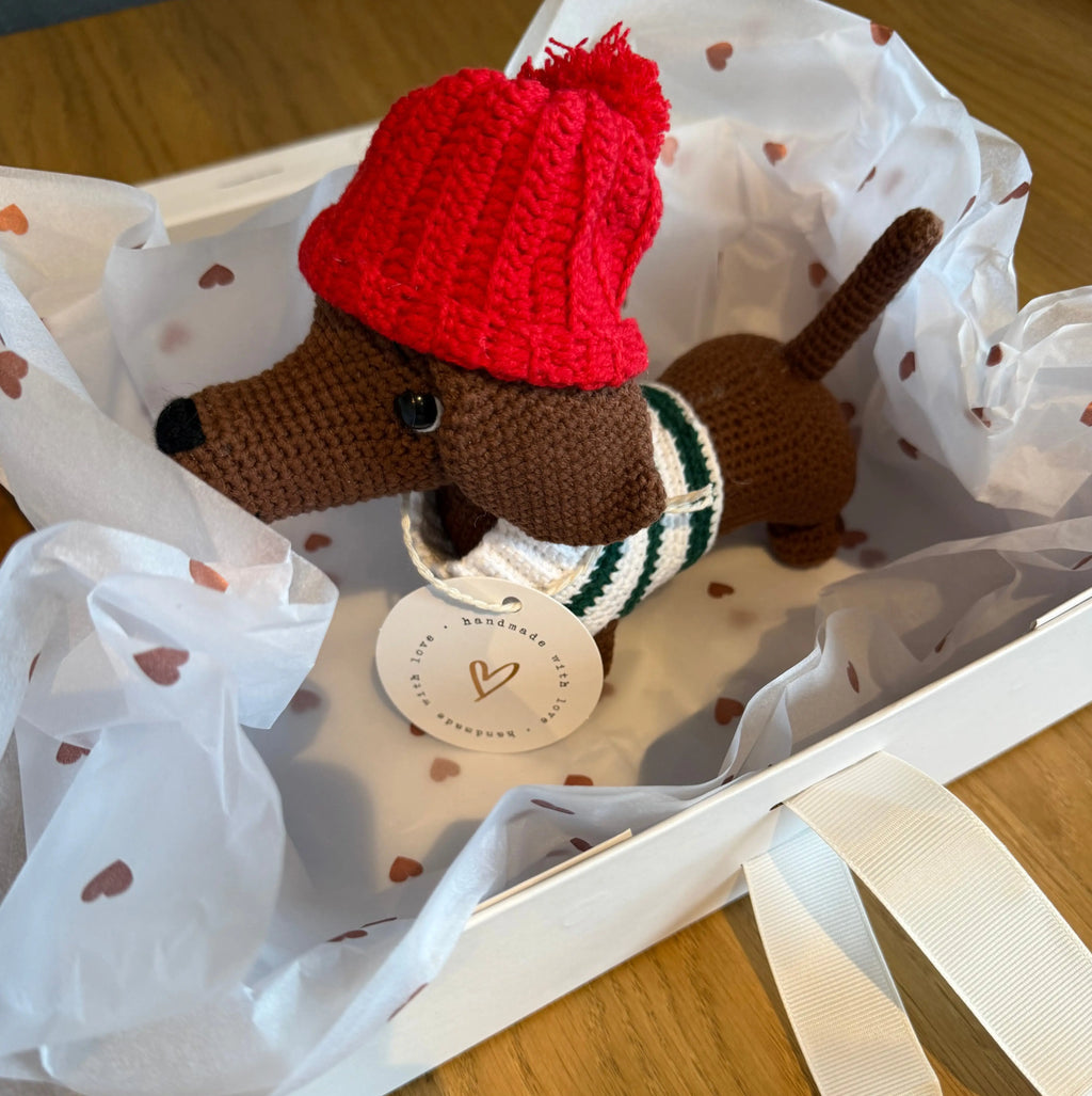 Handmade Crochet Dachshund Toy – Cute Sausage Dog Toy with Red Hat  Joy Gift London