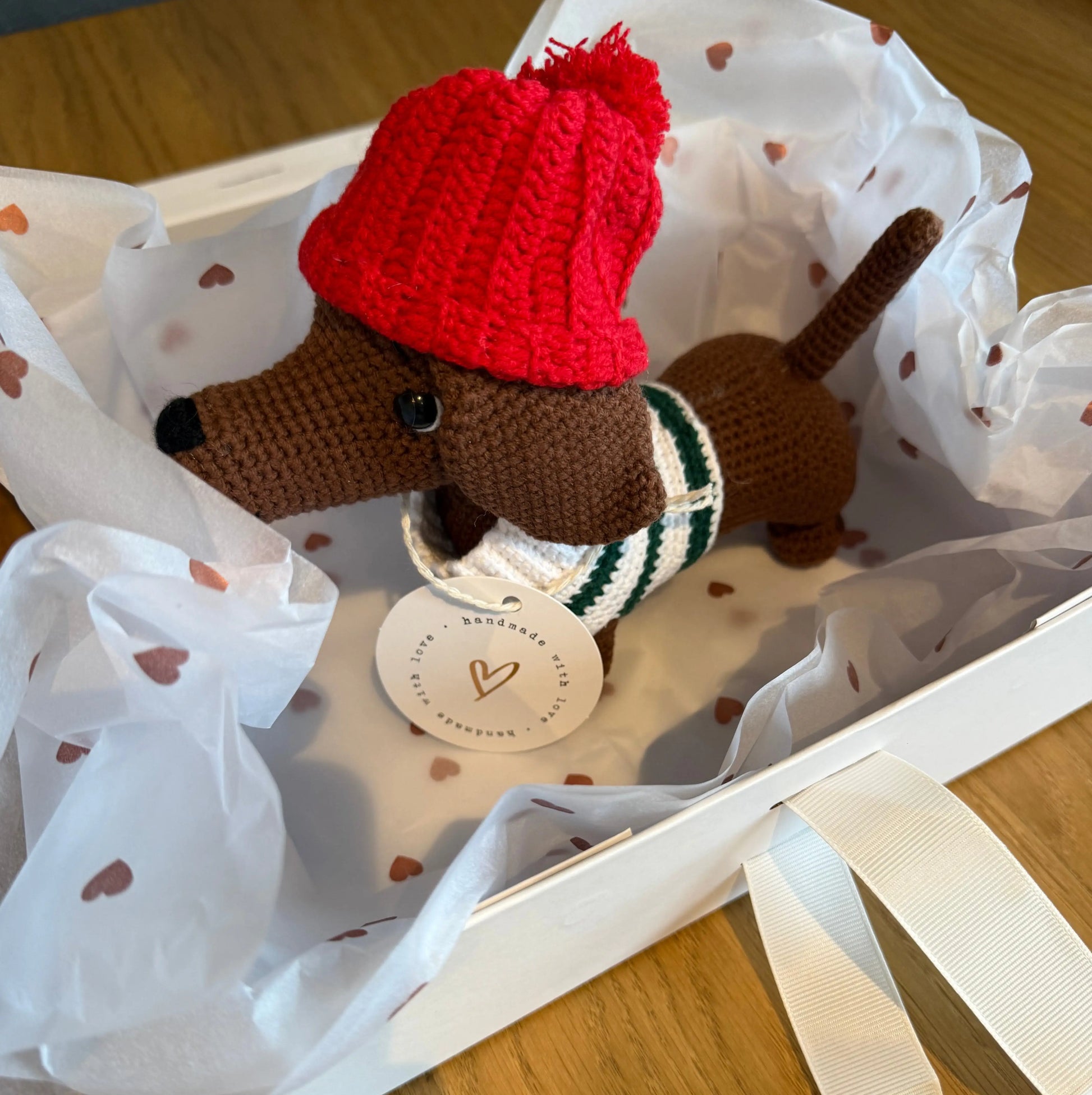 Handmade Crochet Dachshund Toy – Cute Sausage Dog Toy with Red Hat  Joy Gift London