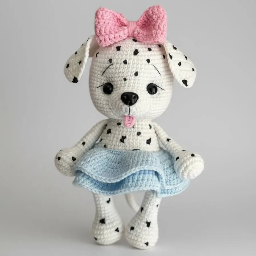 Crocheted dalmatian puppy with pink bow and blue skirt, playful tongue out