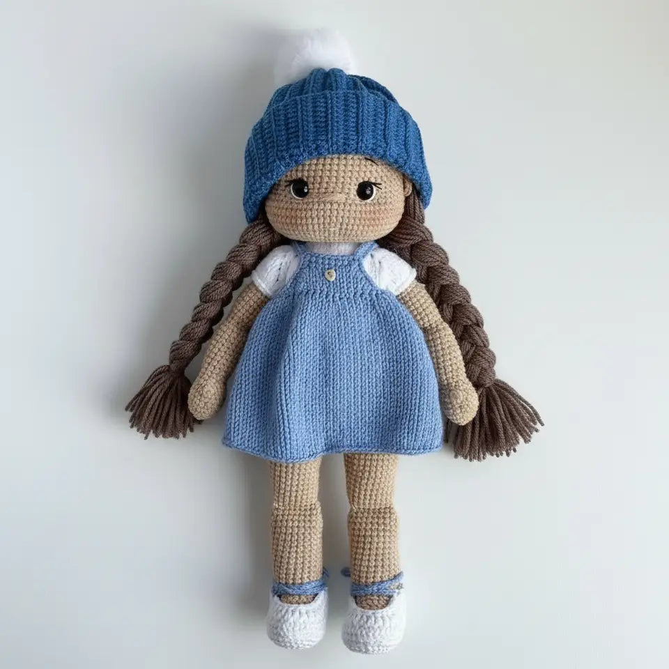 Handmade Crochet Doll in Blue Dress with Knit Hat and Braided Hair  Joy Gift London