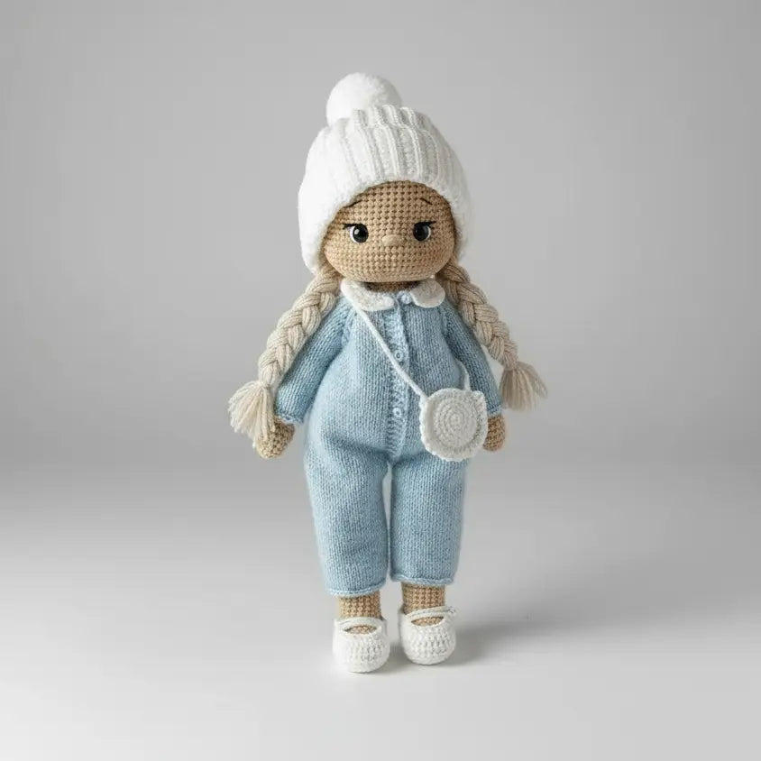 Handmade Crochet Doll in Blue Outfit with White Knit Hat  Joy Gift London