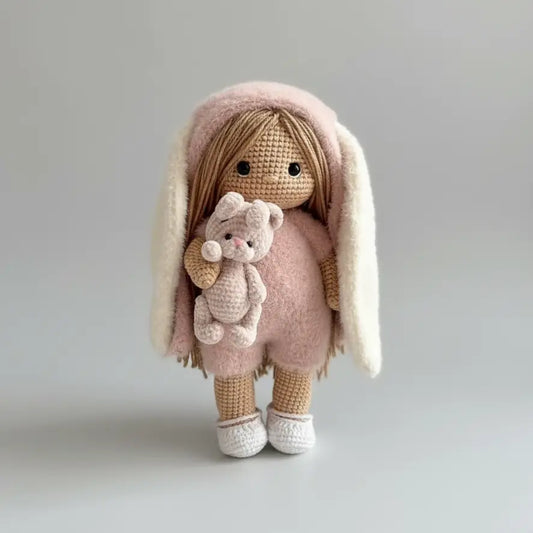 Handmade Crochet Doll in Pink Bunny Outfit with Teddy Bear  Joy Gift London