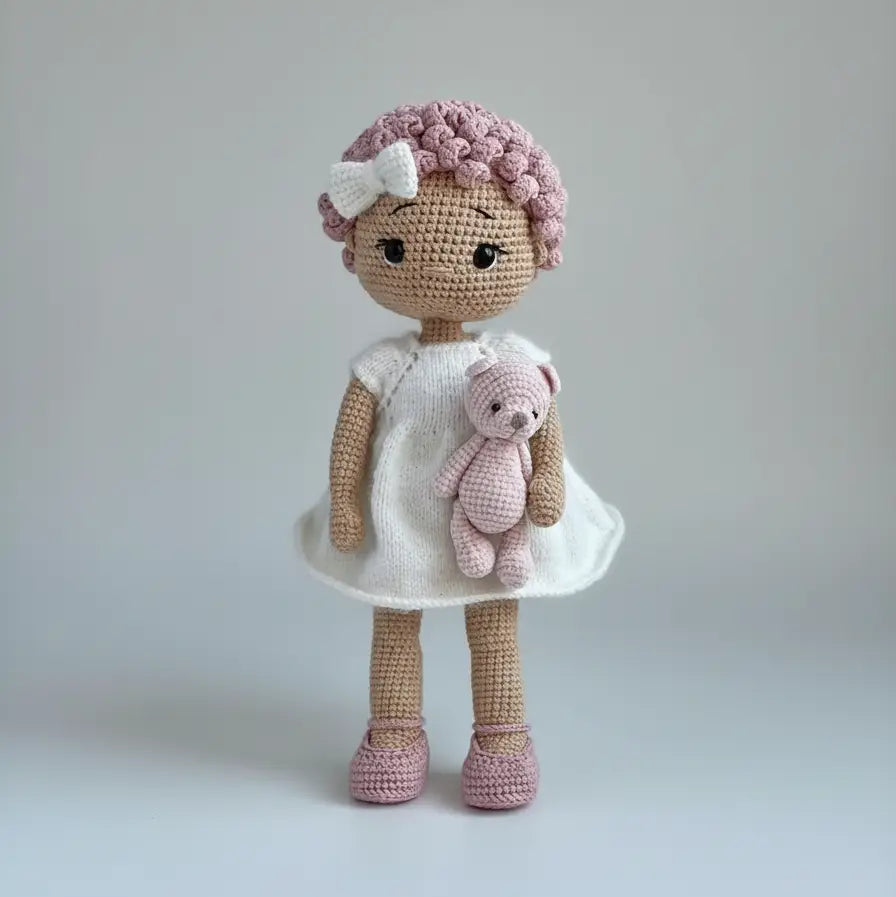 Handmade Crochet Doll in White Dress with Pink Curly Hair and Teddy Bear  Joy Gift London