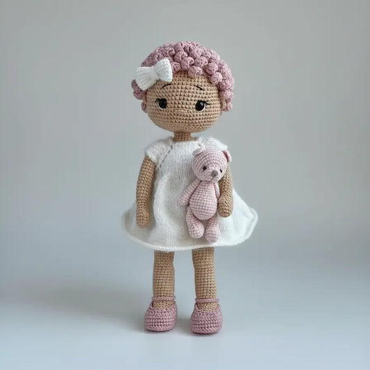 Handmade Crochet Doll in White Dress with Pink Curly Hair and Teddy Bear  Joy Gift London