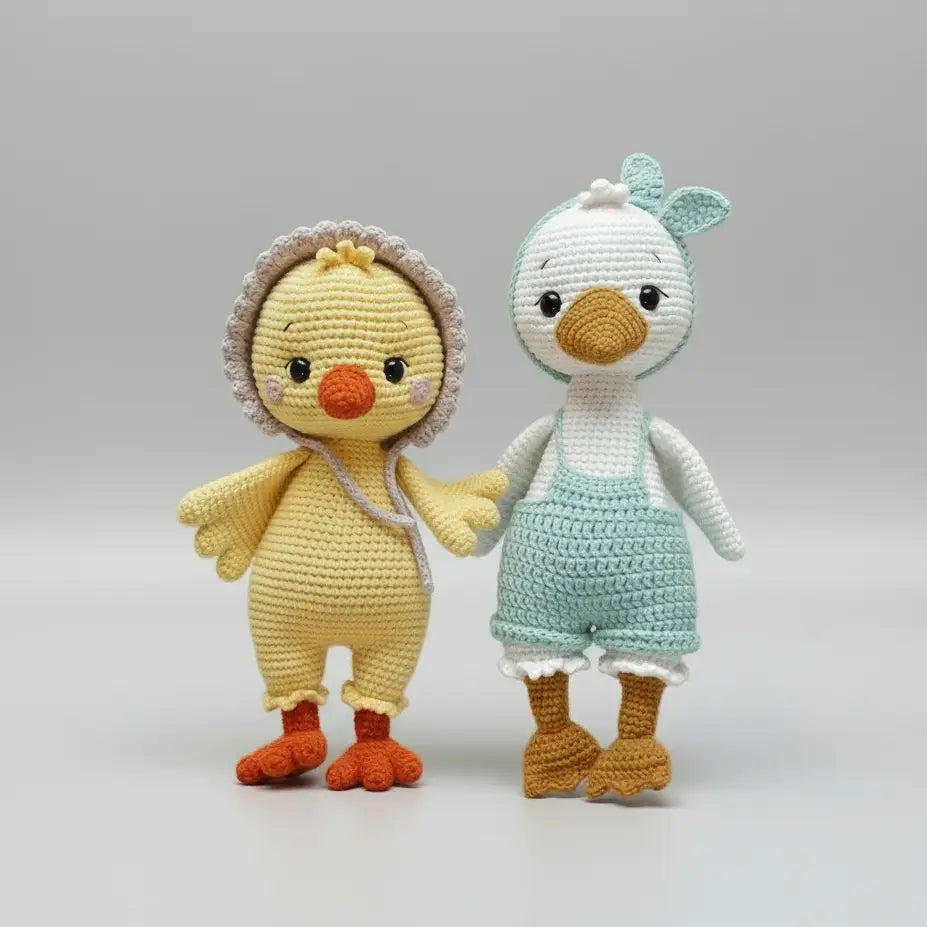 Two crocheted bird dolls, one yellow and one mint green, standing side by side on gray background