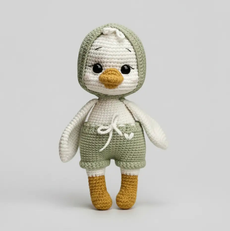 Crocheted penguin stuffed animal in sage green and white with yellow beak and feet