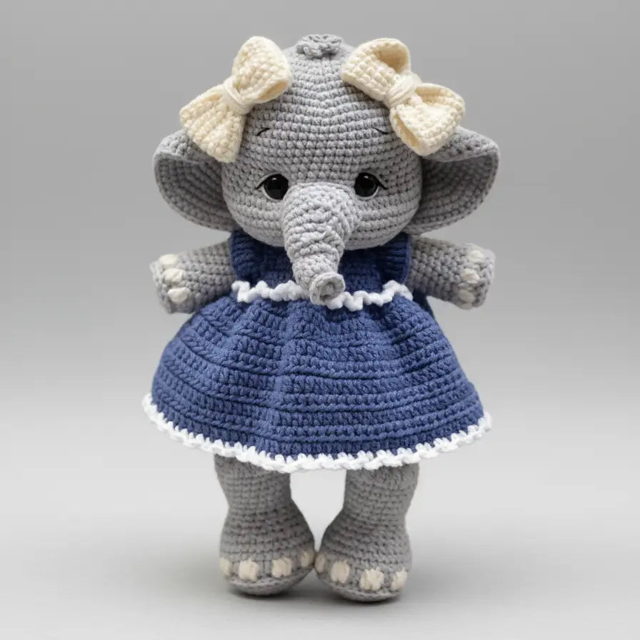 Crocheted elephant stuffed animal wearing blue dress and cream bows