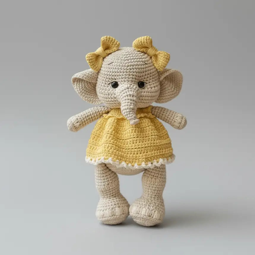 Crocheted elephant stuffed animal wearing a yellow dress with bows