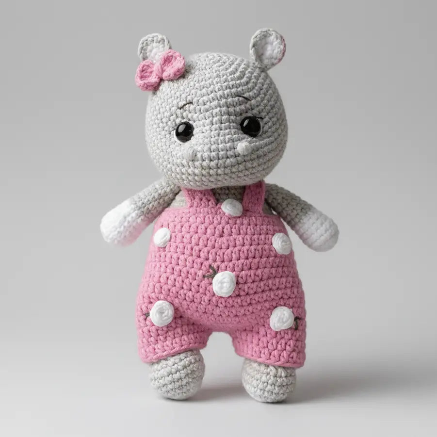 Crocheted gray bunny with pink overalls and a small bow, standing against neutral background