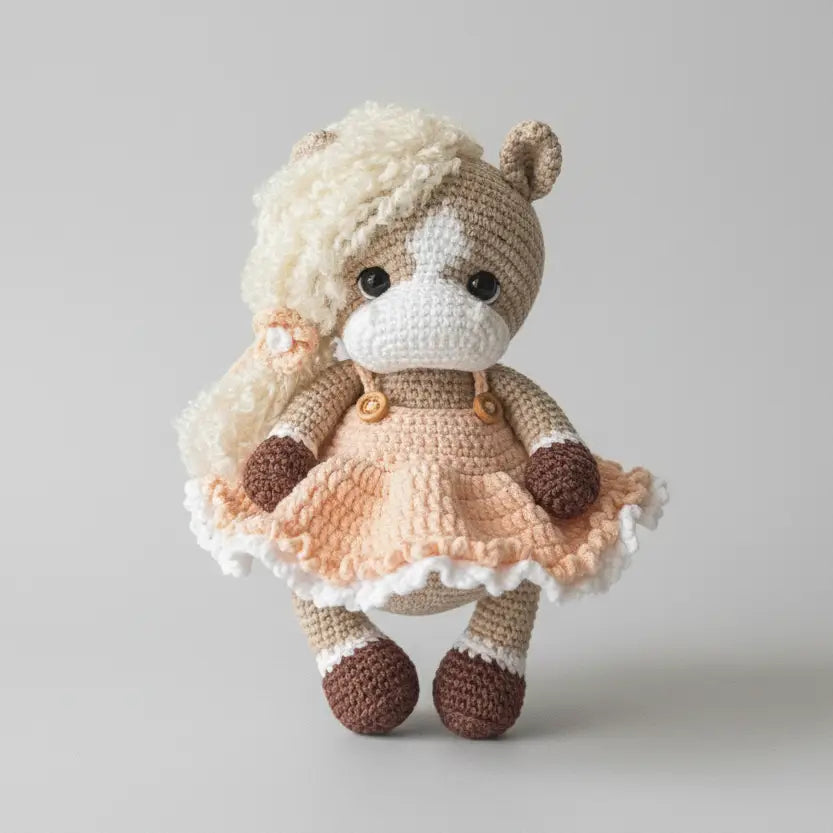 Crocheted stuffed animal horse wearing peach dress with ruffled trim and fluffy hair