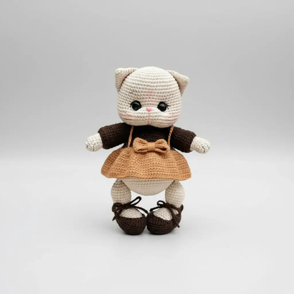Crocheted white cat doll in brown sweater and tan dress with matching shoes