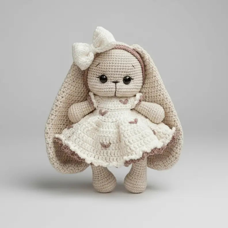 Crocheted bunny with white dress and bow, soft beige and white colors