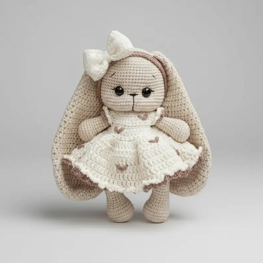 Crocheted bunny with white dress and bow, soft beige and white colors