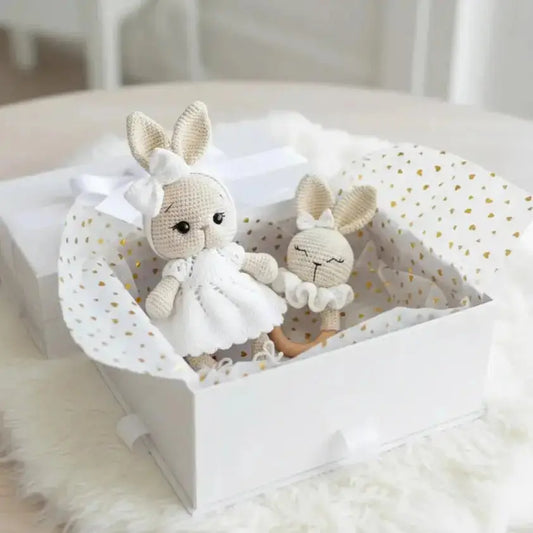Handmade Crochet Long ear Cute Bunny in Fancy White Dress  Joy Gift London